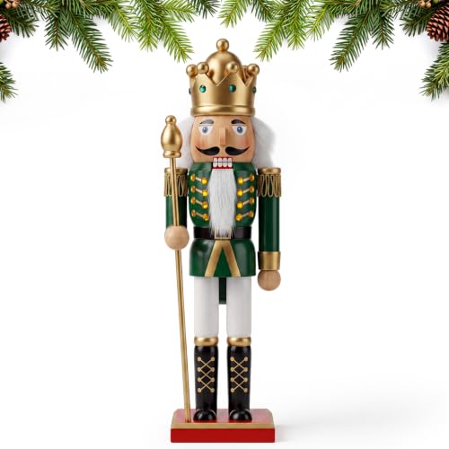 Christmas Nutcracker Decor 12 Inch Wooden Soldier Figurine - Green Gold Variation