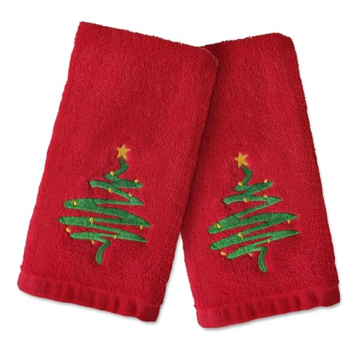 Christmas Hand Towels Set - Embroidered Red Green Xmas Tree Cotton Dish Towels, 29.5 x 13.7 Inch