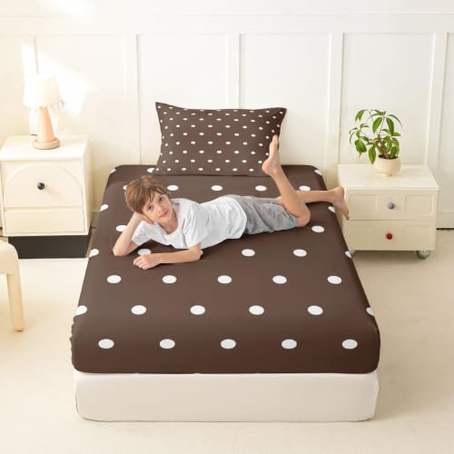 Brown Polka Dot Bed Sheets Set Twin Size Kids Bed Linen with Fitted, Flat & Pillow Sham