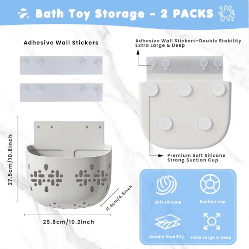Silicone Bath Toy Storage with Suction Cup & Adhesive Hook - Deep Open Design