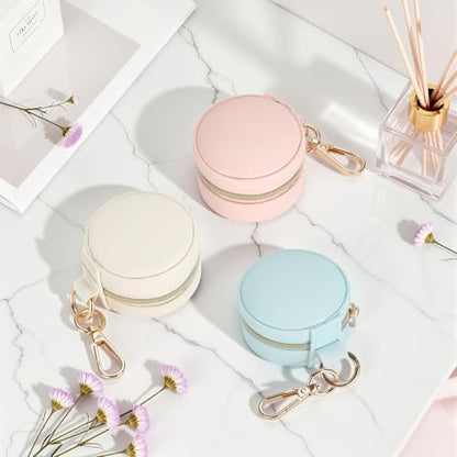 Mini Travel Jewelry Box with Keychain - 3 Ring Slots, Beige