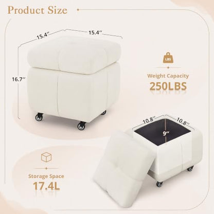 LUE BONA Square Storage Ottoman with Wheels - Beige Pouf Footrest, 17.4L Chenille