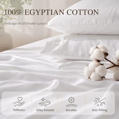 Queen Egyptian Cotton Bed Sheets with 16-Inch Deep Pockets, White - Luxury Bedding Set