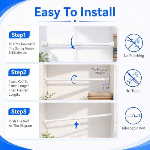 Mini Tension Curtain Rod 10-15 Inch White No-Drill Install for Windows & Closets