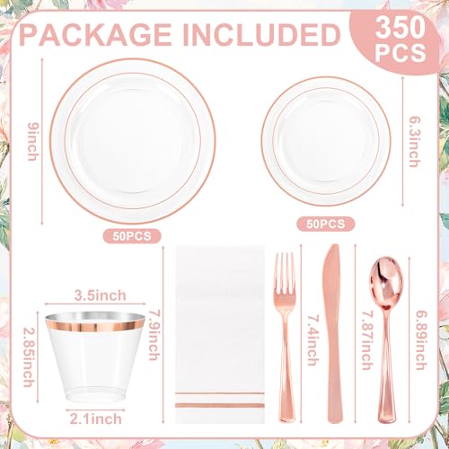 50 Guest Rose Gold Plastic Dinnerware Set for Weddings & Parties