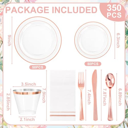 50 Guest Rose Gold Plastic Dinnerware Set for Weddings & Parties