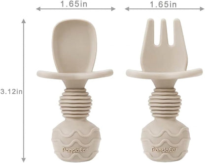 PandaEar Silicone Baby Spoons & Fork Feeding Set - Anti-Choke Utensils for Baby Led Weaning | 6 Pack (Tan, Walnut & Grey)