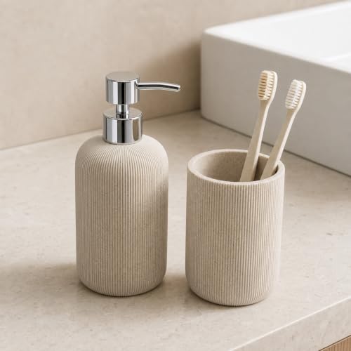 Sandstone Resin Bathroom Accessories Set with Soap Dispenser & Toothbrush Holder