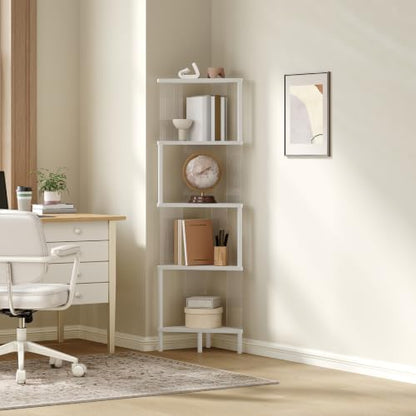 5-Tier Corner Shelf - White Corner Bookshelf for Small Spaces
