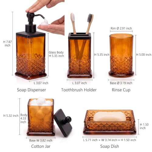 Amber Glass Bathroom Accessory Set - 5-Piece Vintage Style Accessories