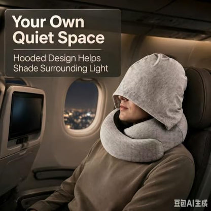 Travel Neck Pillow with Hood Memory Foam Support Washable Cover Storage Bag