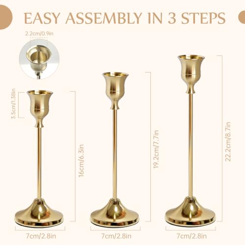 Gold Candlestick Holders Set of 6 with Weighted Wide Bases - Elegant Home Decor