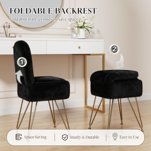 Black Faux Fur Vanity Chair with Storage and Foldable Backrest - 14.2"D x 13.2"W x 29.9"H