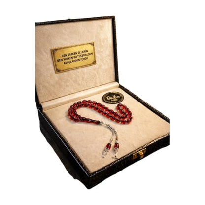 Religious Prayer Beads with Custom Engraving - Sıkma Kehribar, Silver Tassel, Leather Gift Box
