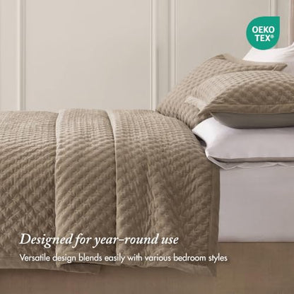 Queen Velvet Quilt Set with Cross Stitch Embroidery Taupe - 3 Piece