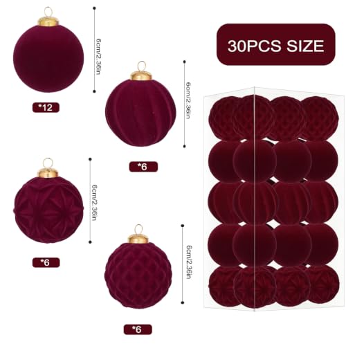 30Pcs Burgundy Velvet Christmas Ball Ornaments for Xmas Tree Decorations - Red Variation