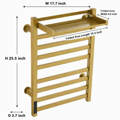 Smart Gold Heated Towel Rack with Shelf - 8 Bars, Bathroom Decor