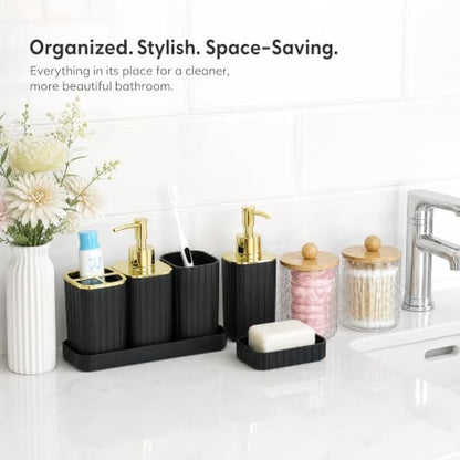 Black and Gold Bathroom Accessories Set – 10-Piece All-in-One Vanity Decor with Dispensers, Toothbrush Holder, and Storage Jars (Variation: Black & Gold / Bath Set 10 Piece)