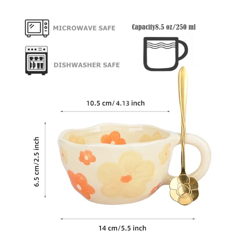 Orange Ceramic Coffee Mug with Flower Spoon, 8oz Handmade Kawaii Teacup