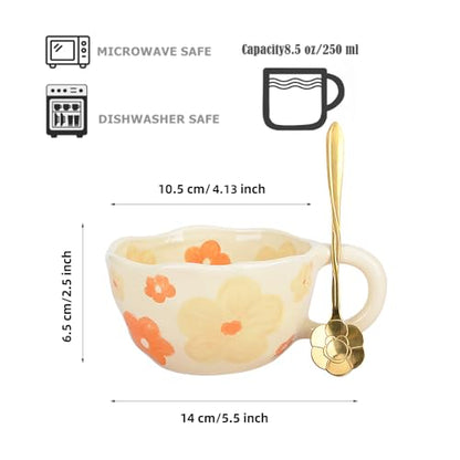 Orange Ceramic Coffee Mug with Flower Spoon, 8oz Handmade Kawaii Teacup