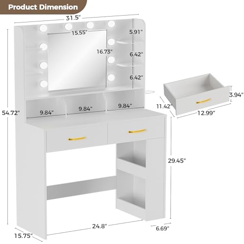 COMHOMA White Vanity Desk with LED Mirror & 2 Drawers, 3 Lighting Modes, USB/AC Outlet, 31.5" x 15.7"