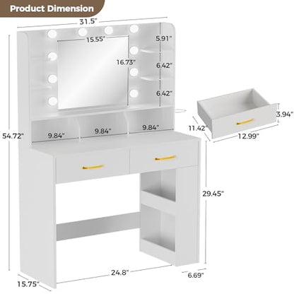 COMHOMA White Vanity Desk with LED Mirror & 2 Drawers, 3 Lighting Modes, USB/AC Outlet, 31.5" x 15.7"