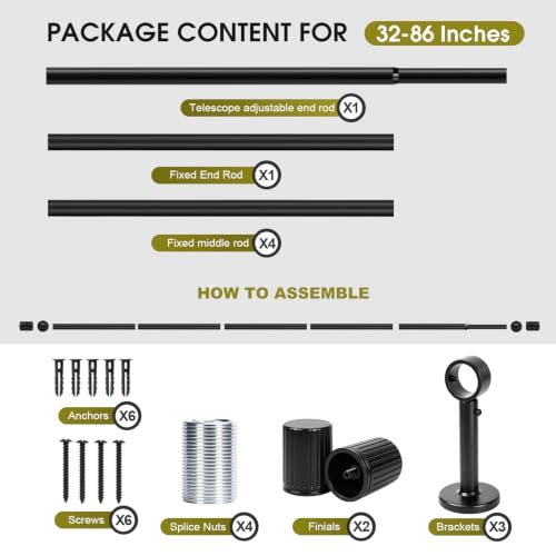Heavy Duty Steel Curtain Rod, Adjustable 72-86 Inch, Rustic Industrial Black - Includes Mounting Brackets