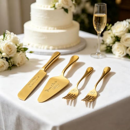 Gold Personalized Wedding Cake Knife & Server Set with Name & Date - Engraved Stainless Steel Cutlery Gift for Weddings & Anniversaries