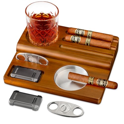 Brown Wooden Cigar Ashtray Set with Lighter Cutter & Accessories - Indoor Outdoor