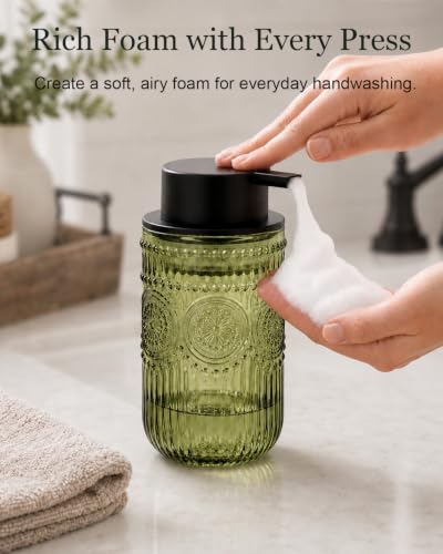Vintage Green Glass Foam Soap Dispenser with Embossed Sunflower Pattern