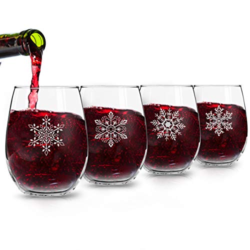 Snowflakes Christmas Stemless Wine Glass Set of 4 - 15 oz Holiday Party Cups - Elegant Gift Idea