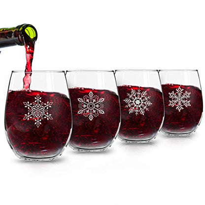 Snowflakes Christmas Stemless Wine Glass Set of 4 - 15 oz Holiday Party Cups - Elegant Gift Idea