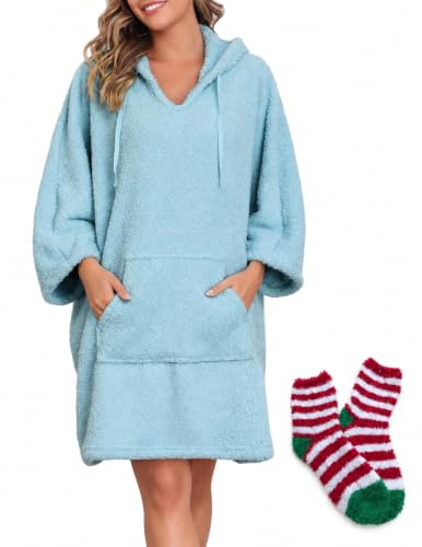 Viakeo Women's Oversized Wearable Blanket Hoodie with Christmas Socks - Blue Grey