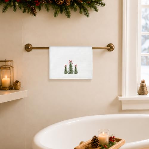 EGBTL Coquette Bow Christmas Tree Kitchen Towels - Three Tree Variation, Red Ribbon Xmas Hand Towels, 16x24 Inches