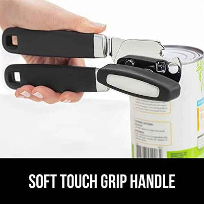 GORILLA GRIP Heavy Duty Stainless Steel Smooth Edge Manual Can Opener, Soft Comfortable Handle, Large Handheld Turn Knob, Built-In Bottle Openers, US Designed, Holiday Prep Kitchen Essential, Black