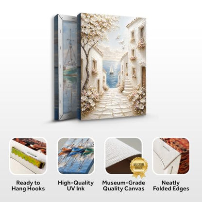 32x48 Coastal Village Pathway Canvas Wall Art - Mediterranean Scene