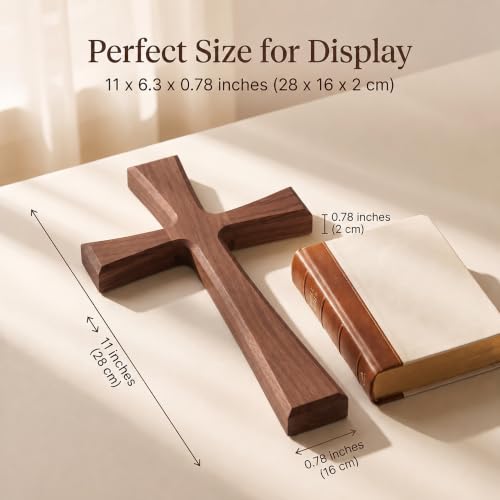 11-Inch Walnut Wood Cross Wall Decor - Natural Wooden Faith Symbol