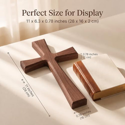 11-Inch Walnut Wood Cross Wall Decor - Natural Wooden Faith Symbol