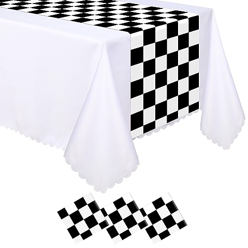 Preboun 3 Pcs Black White Checkered Plastic Table Runner 14x108 Inches - Racing Theme Party Supplies