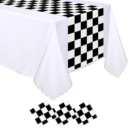 Preboun 3 Pcs Black White Checkered Plastic Table Runner 14x108 Inches - Racing Theme Party Supplies