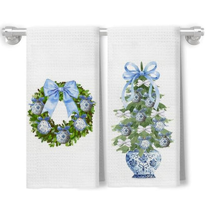 Christmas Tree Wreath Kitchen Towels - Chinoiserie Blue Bow - 16x24 Inch Set of 2 - Variation 18