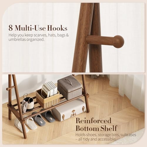 Yoobure Walnut Solid Wood Clothes Rack with 8 Hooks & Shelf - Heavy Duty Freestanding Garment Organizer