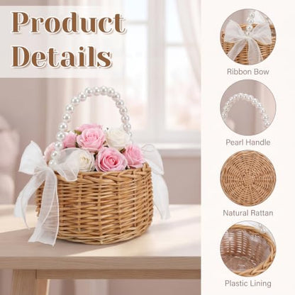 2 Pack Wicker Rattan Flower Girl Baskets with Handle & Linings for Weddings