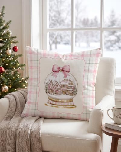 Christmas Snow Globe Pillow Cover 18x18 Pink Village Holiday Decor - Pink Plaid Variation