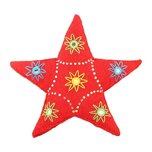 Handmade Wool Christmas Tree Topper with Embroidered Embellishments - 11.75in