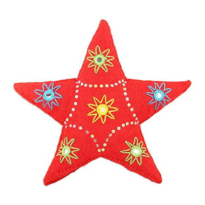 Handmade Wool Christmas Tree Topper with Embroidered Embellishments - 11.75in