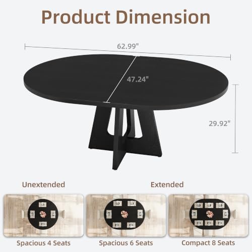 Extendable Round Dining Table 47.24-63 Inches Black - Seats 4-8