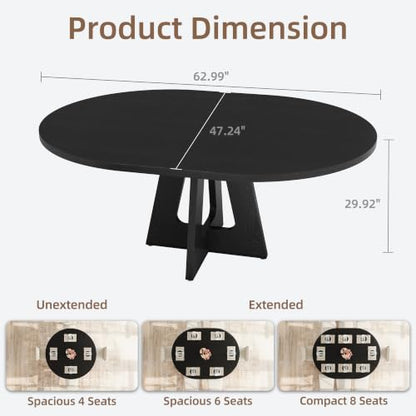 Extendable Round Dining Table 47.24-63 Inches Black - Seats 4-8
