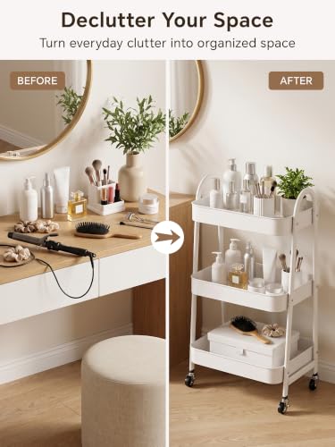 Booklov White Rolling Makeup Cart Organizer, 3-Tier Utility Storage