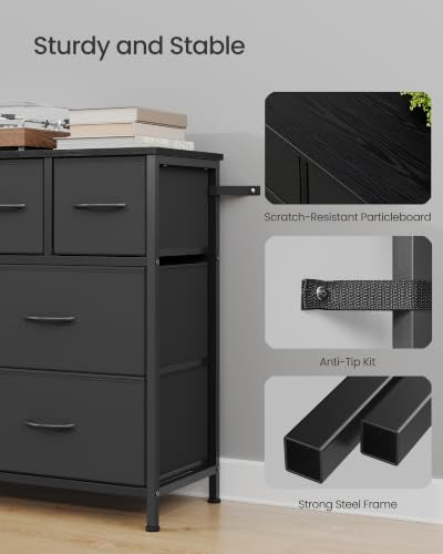 SONGMICS Ink Black Wide Dresser with 8 Fabric Drawers and Steel Frame - 11.8"D x 38.9"W x 29.4"H